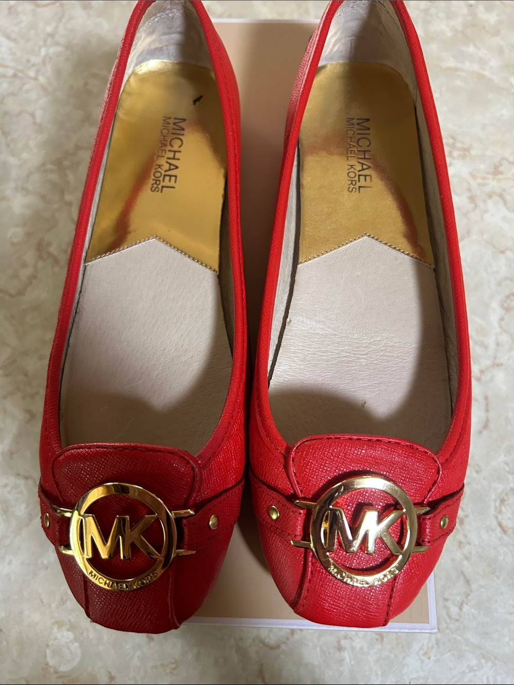 MICHAEL Michael Kors Red Leather MK Logo Ballet Flats with Gold Emblem